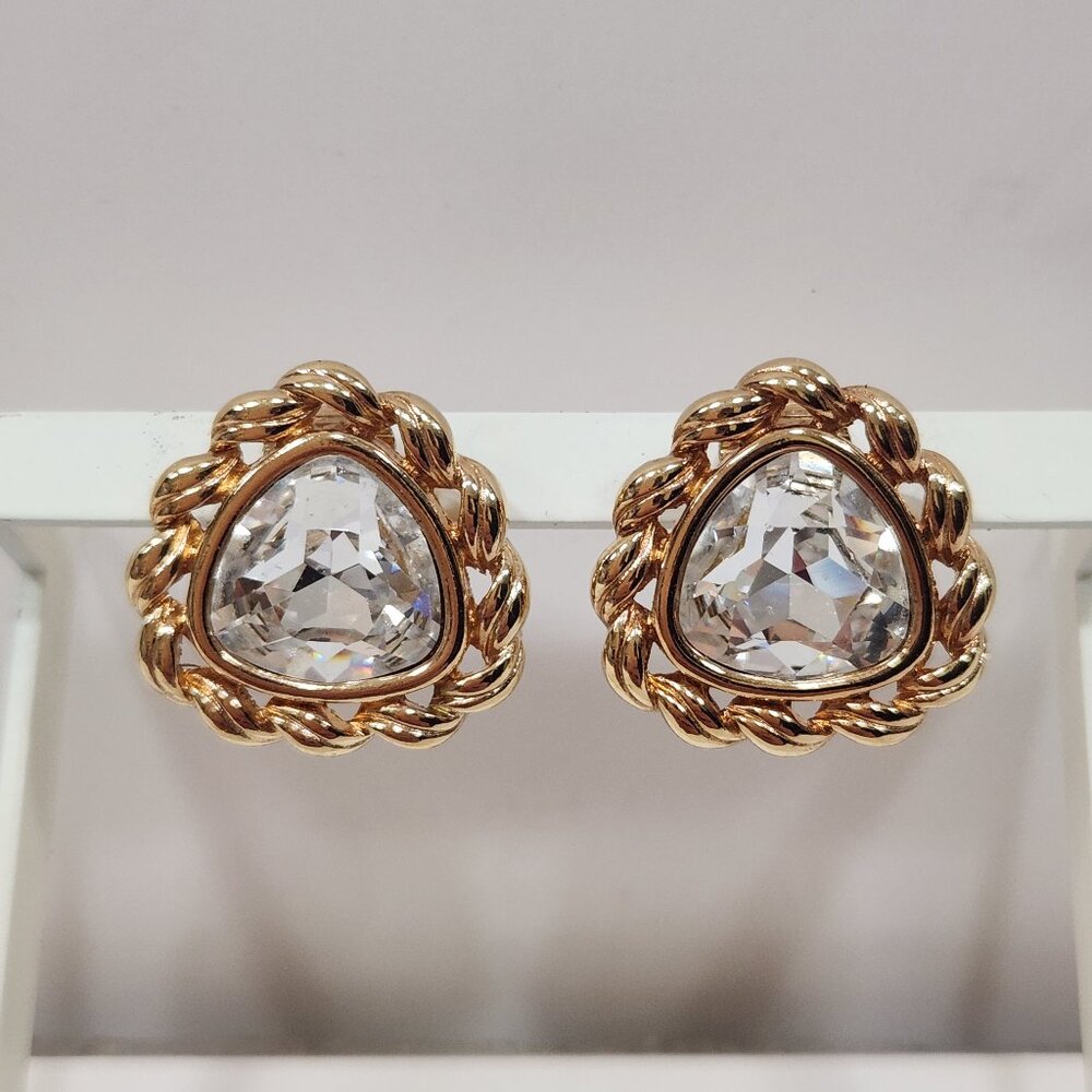 Vintage Swarovski S.A.L. Clear Triangular Crystal Clip On Earrings Rope Border